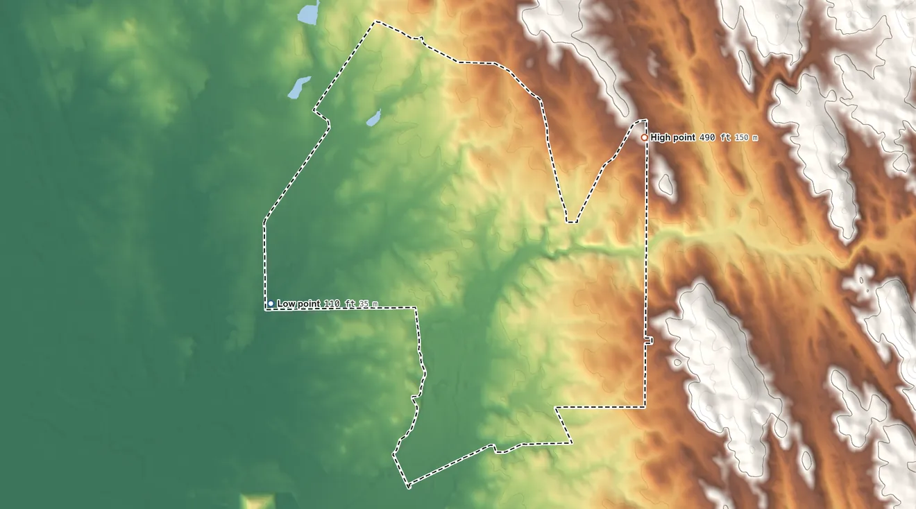 Topographic elevation map of Beale AFB, California, shaded from 110 ft on the west side to 490 ft on the northeast side
