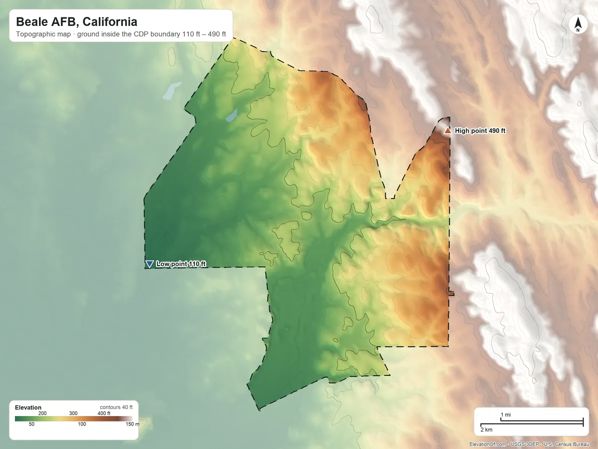 Topographic elevation map of Beale AFB, California, shaded from 110 ft on the west side to 490 ft on the northeast side