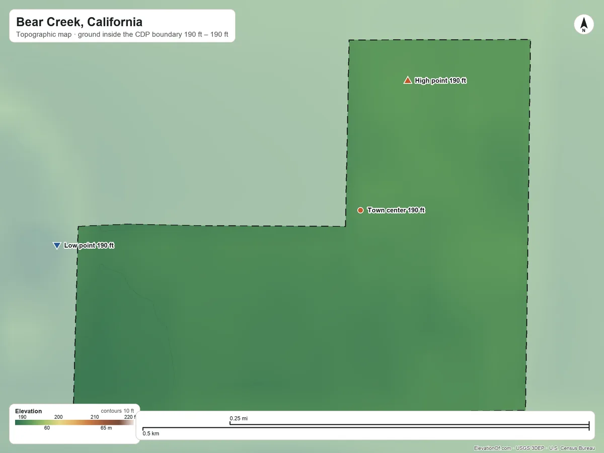 Topographic elevation map of Bear Creek, California, shaded from 190 ft on the west side to 190 ft on the north side