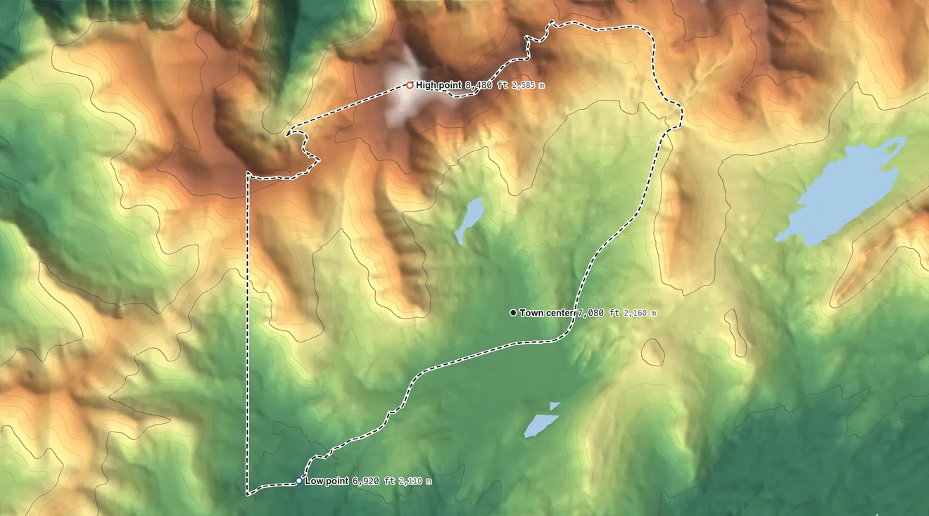 Topographic elevation map of Bear Valley, Alpine County, California, shaded from 6,920 ft on the southwest side to 8,480 ft on the northwest side