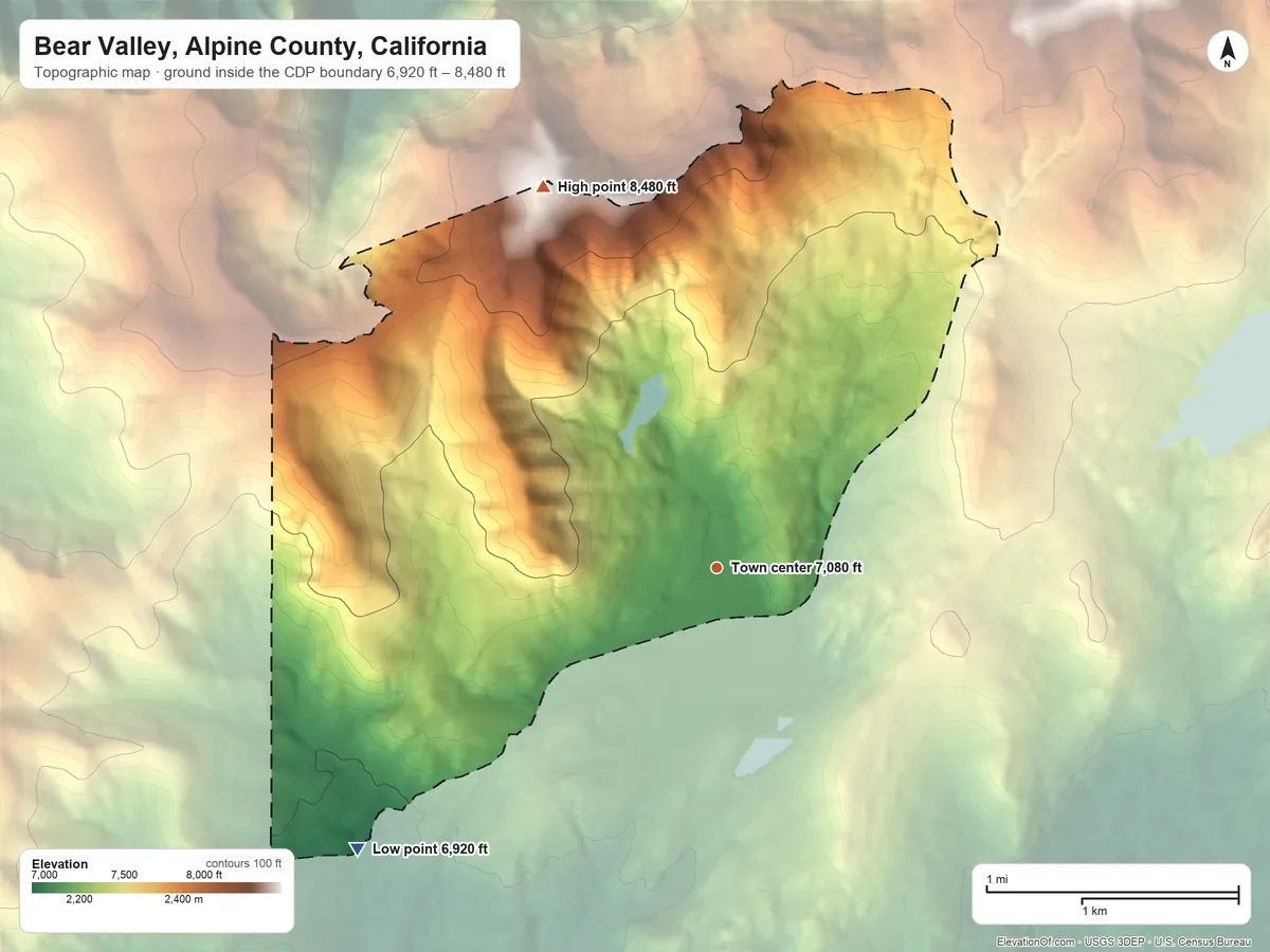 Topographic elevation map of Bear Valley, Alpine County, California, shaded from 6,920 ft on the southwest side to 8,480 ft on the northwest side
