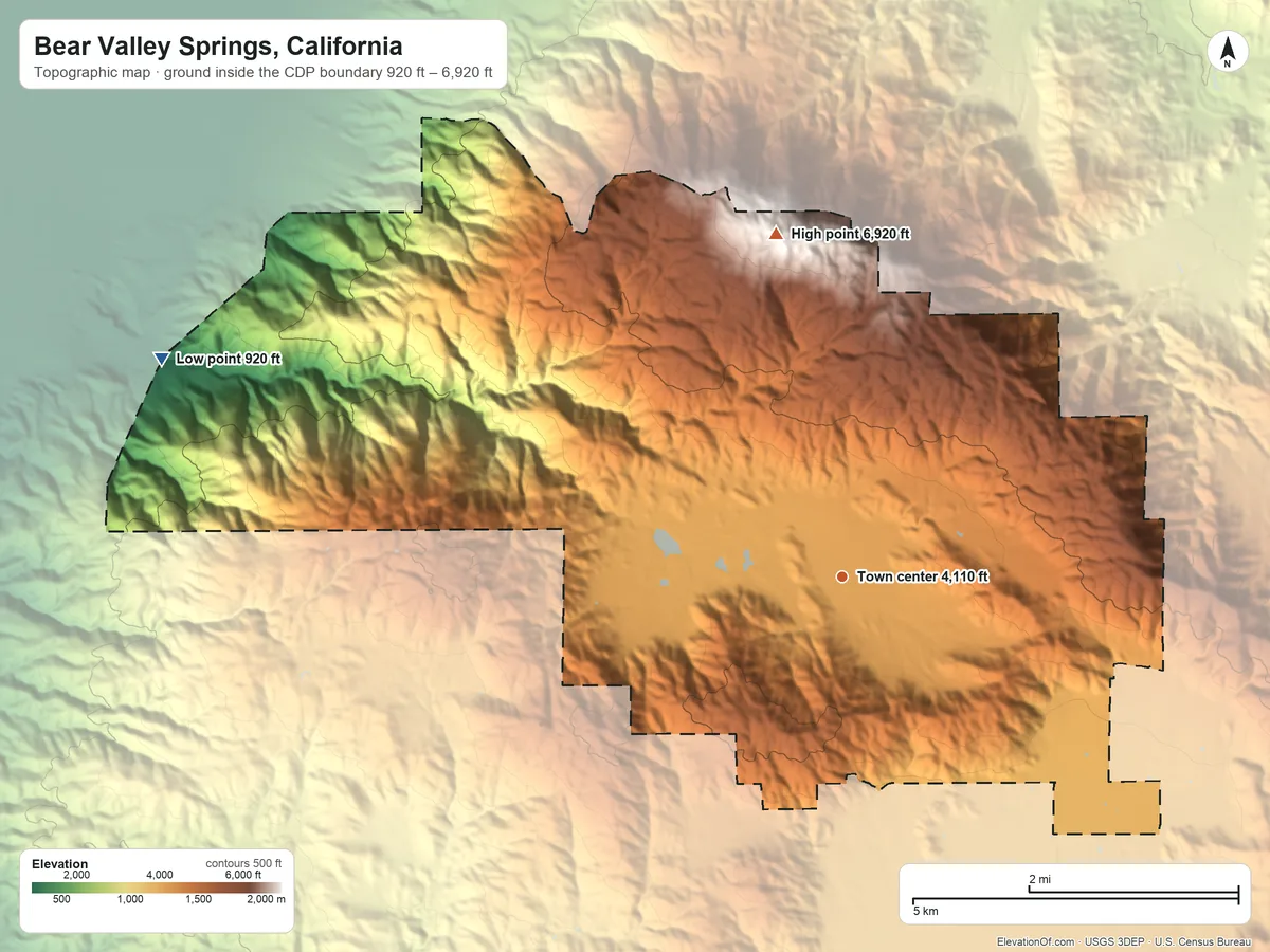 Topographic elevation map of Bear Valley Springs, California, shaded from 920 ft on the west side to 6,920 ft on Bear Mountain
