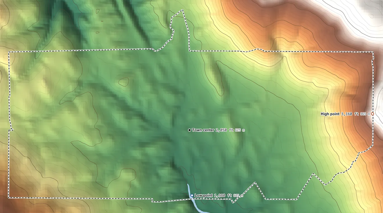 Topographic elevation map of Bear Valley, California, shaded from 1,980 ft on the south side to 3,160 ft on the east edge, below higher ground just outside