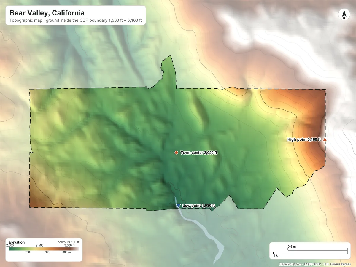 Topographic elevation map of Bear Valley, California, shaded from 1,980 ft on the south side to 3,160 ft on the east edge, below higher ground just outside