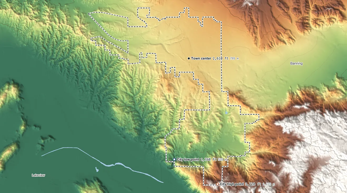 Topographic elevation map of Beaumont, California, shaded from 1,760 ft on the south side to 3,720 ft on the south side