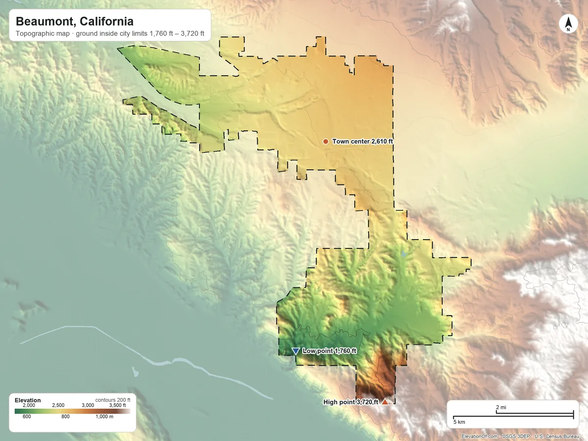 Topographic elevation map of Beaumont, California, shaded from 1,760 ft on the south side to 3,720 ft on the south side