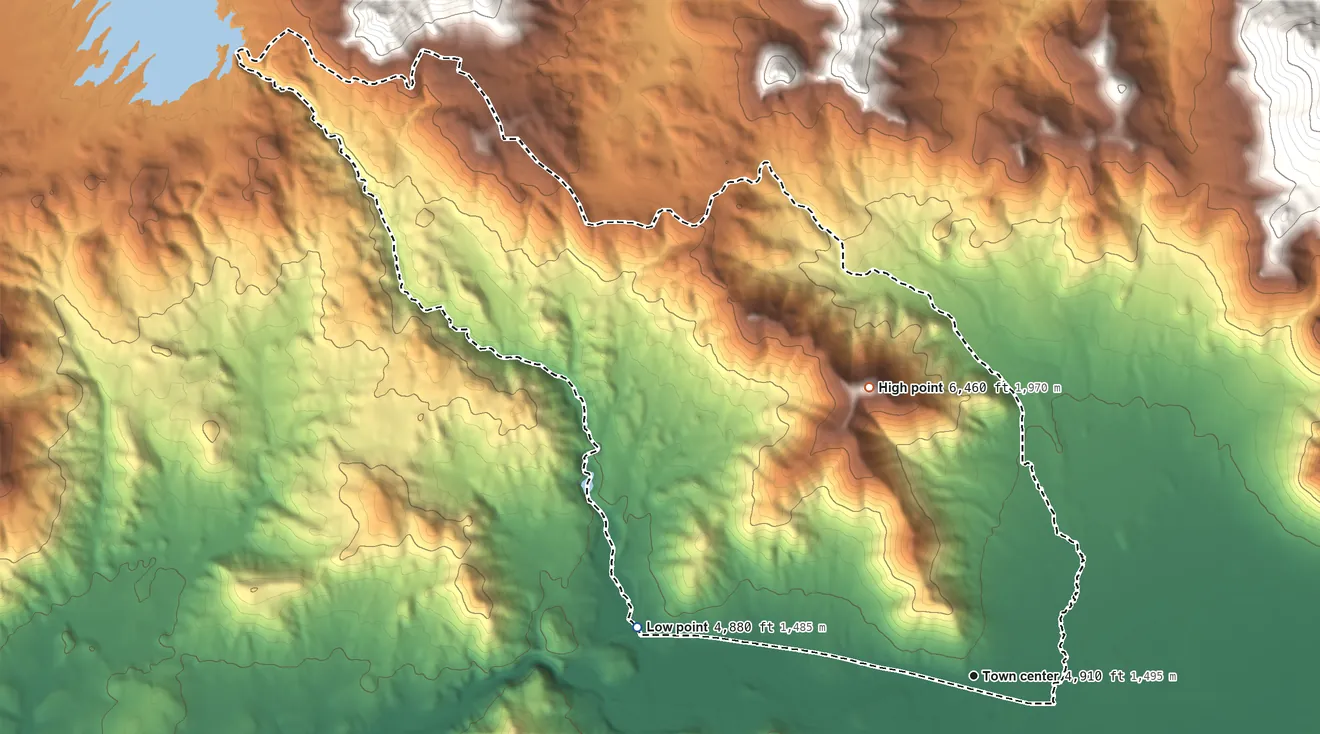 Topographic elevation map of Beckwourth, California, shaded from 4,880 ft on the west side to 6,460 ft on the north side