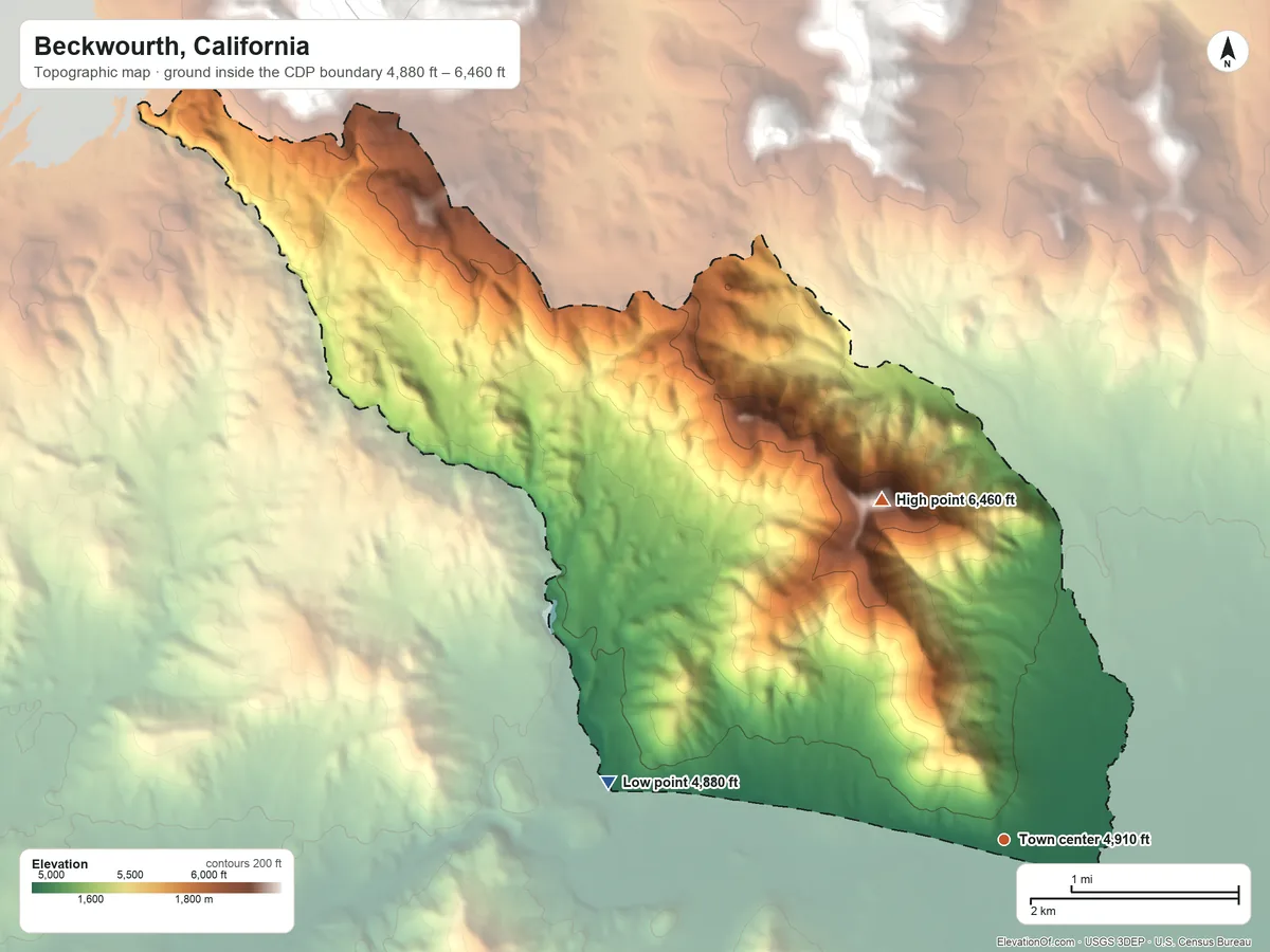 Topographic elevation map of Beckwourth, California, shaded from 4,880 ft on the west side to 6,460 ft on the north side