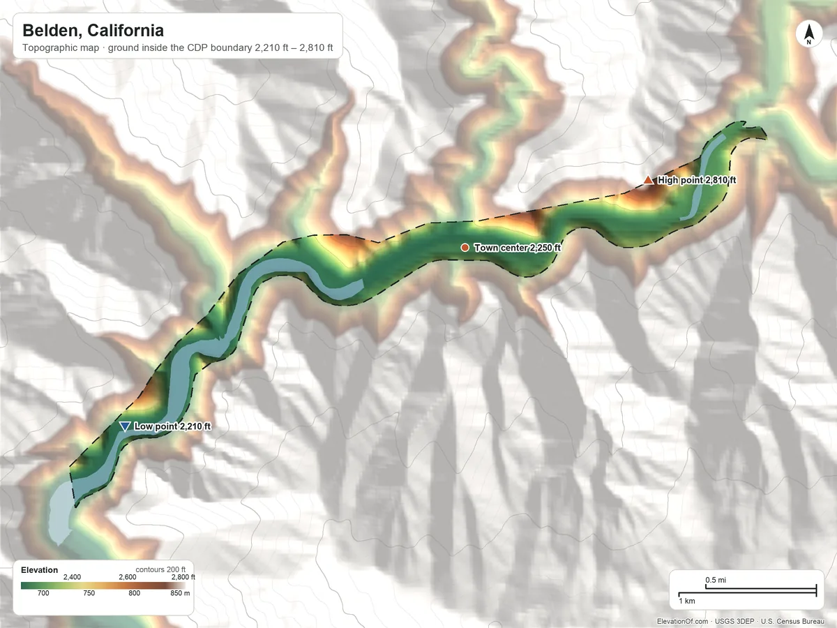 Topographic elevation map of Belden, California, shaded from 2,210 ft on the southwest side to 2,810 ft on the east edge, below higher ground just outside