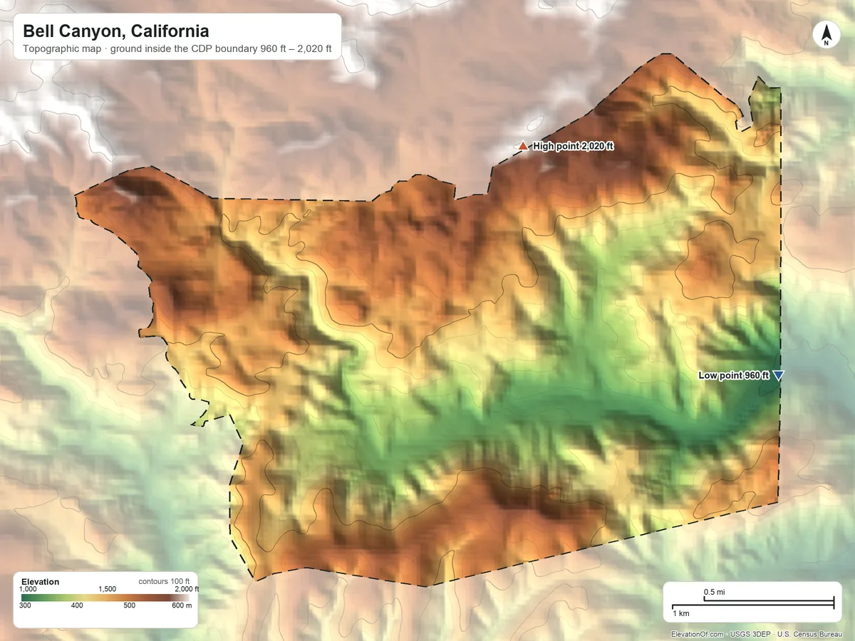 Topographic elevation map of Bell Canyon, California, shaded from 960 ft on the east side to 2,020 ft on the north side