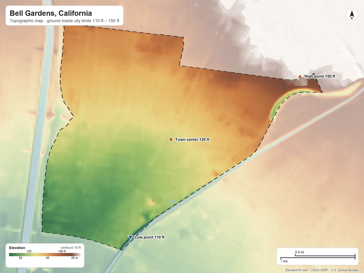 Topographic elevation map of Bell Gardens, California, shaded from 110 ft on the southwest side to 150 ft on the northeast side