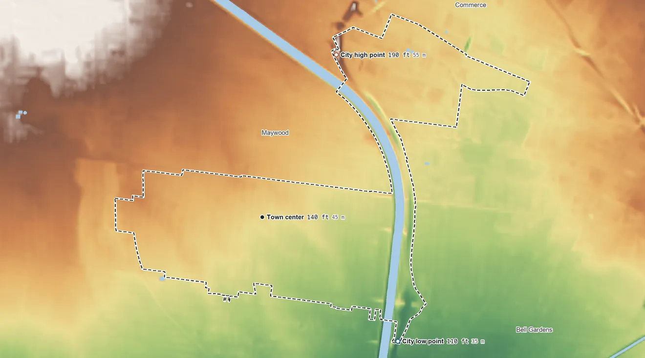 Topographic elevation map of Bell, California, shaded from 110 ft on the southeast side to 190 ft on the northeast side