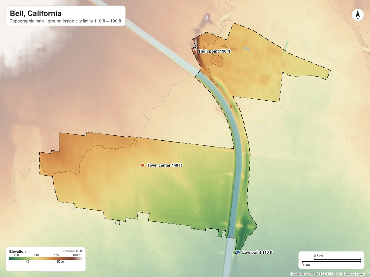 Topographic elevation map of Bell, California, shaded from 110 ft on the southeast side to 190 ft on the northeast side