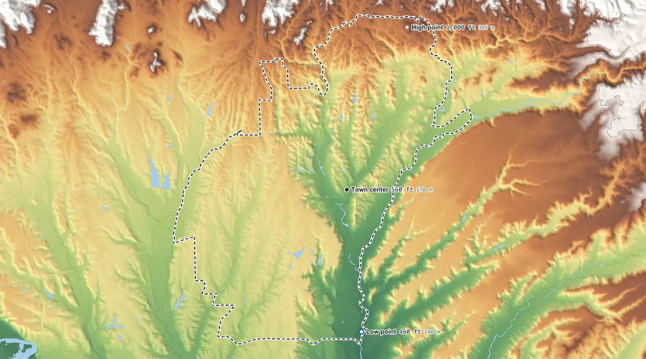 Topographic elevation map of Bella Vista, California, shaded from 460 ft on the south side to 1,000 ft on the north edge, below higher ground just outside
