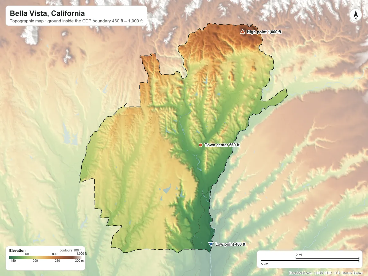 Topographic elevation map of Bella Vista, California, shaded from 460 ft on the south side to 1,000 ft on the north edge, below higher ground just outside