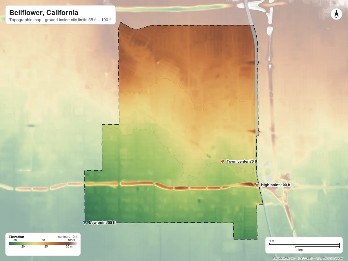 Topographic elevation map of Bellflower, California, shaded from 55 ft on the southwest side to 100 ft on the southeast side