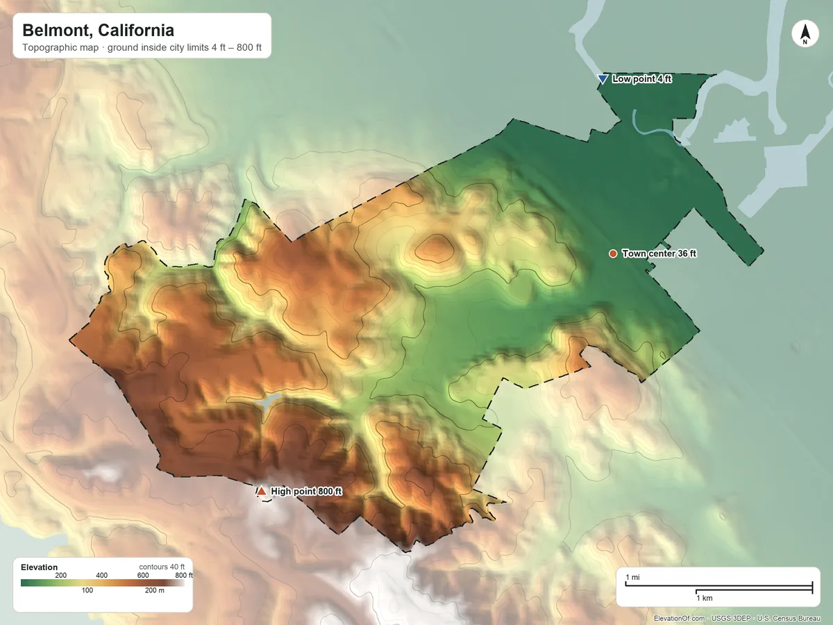 Topographic elevation map of Belmont, California, shaded from 4 ft on the north side to 800 ft on the southwest side