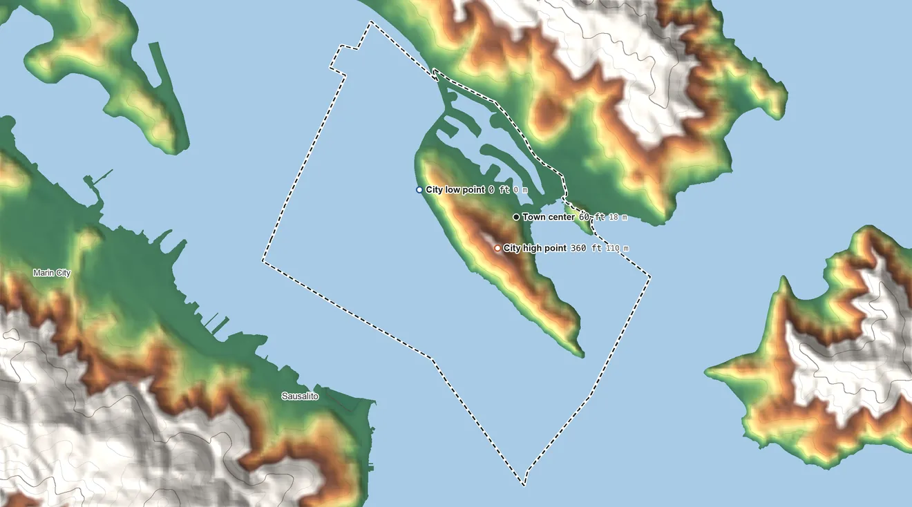 Topographic elevation map of Belvedere, California, shaded from sea level level on Richardson Bay to 360 ft at the foot of the San Miguel Hills