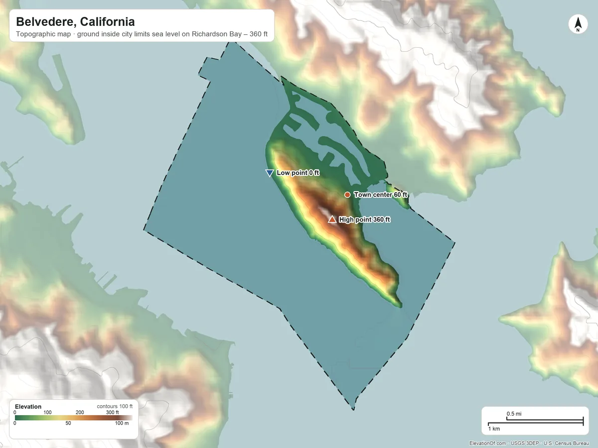 Topographic elevation map of Belvedere, California, shaded from sea level level on Richardson Bay to 360 ft at the foot of the San Miguel Hills