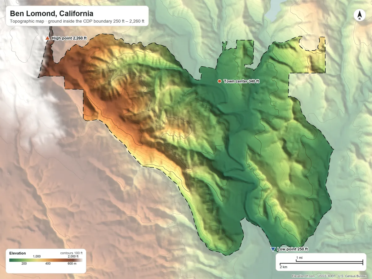 Topographic elevation map of Ben Lomond, California, shaded from 250 ft on the south side to 2,260 ft at the foot of the Santa Cruz Mountains