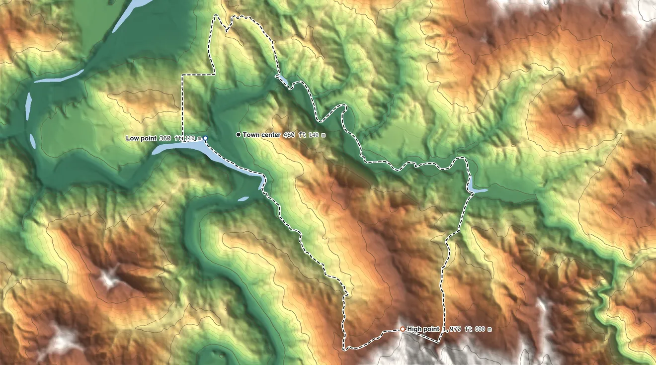 Topographic elevation map of Benbow, California, shaded from 360 ft near the middle to 1,970 ft on the southeast edge, below higher ground just outside