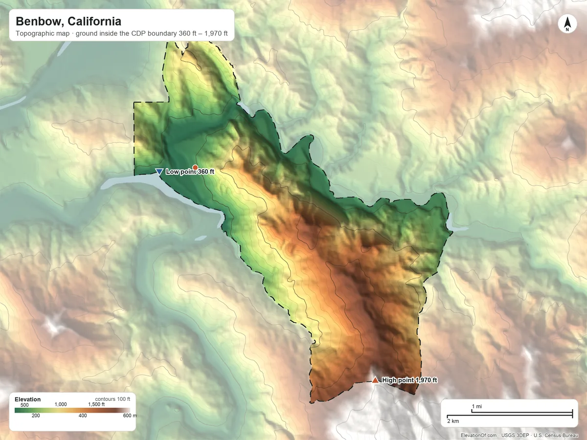 Topographic elevation map of Benbow, California, shaded from 360 ft near the middle to 1,970 ft on the southeast edge, below higher ground just outside