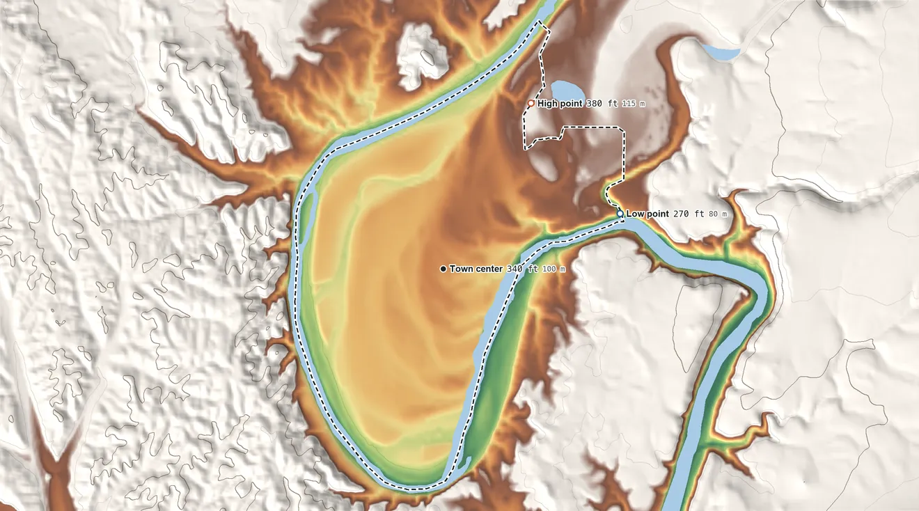 Topographic elevation map of Bend, California, shaded from 270 ft on the east side to 380 ft on the northeast side