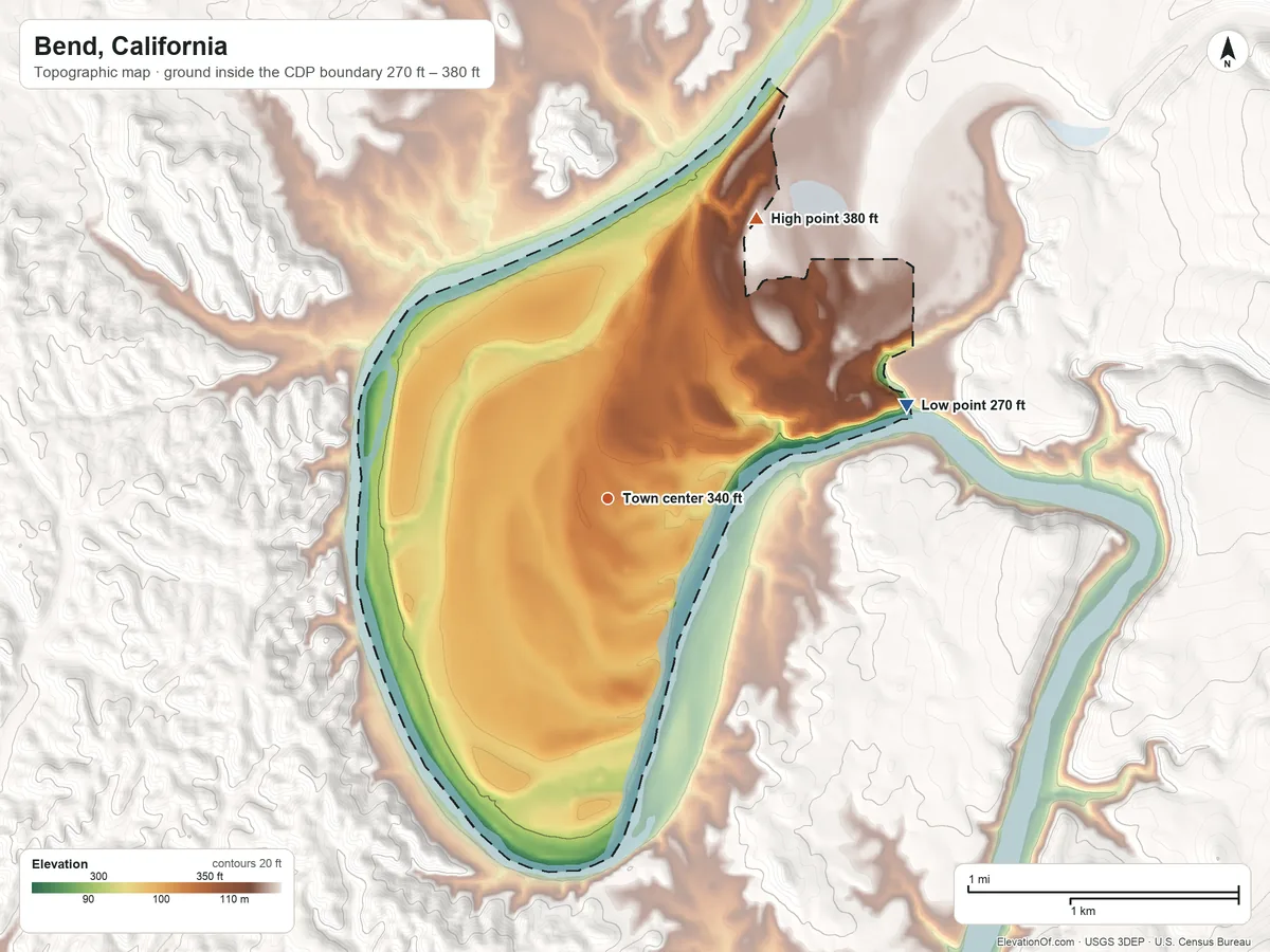 Topographic elevation map of Bend, California, shaded from 270 ft on the east side to 380 ft on the northeast side