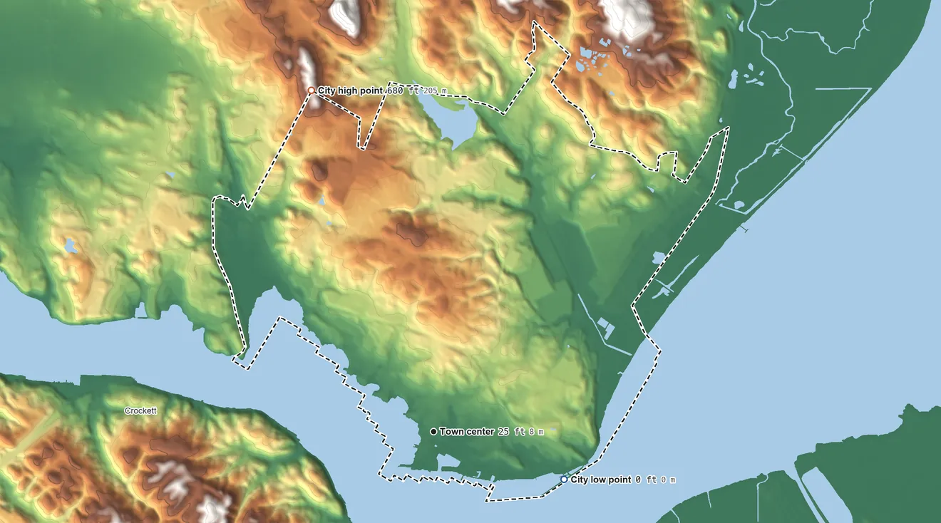 Topographic elevation map of Benicia, California, shaded from sea level level on the Carquinez Strait to 680 ft on the north side