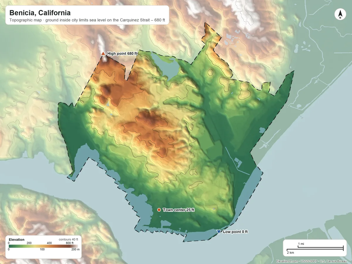 Topographic elevation map of Benicia, California, shaded from sea level level on the Carquinez Strait to 680 ft on the north side