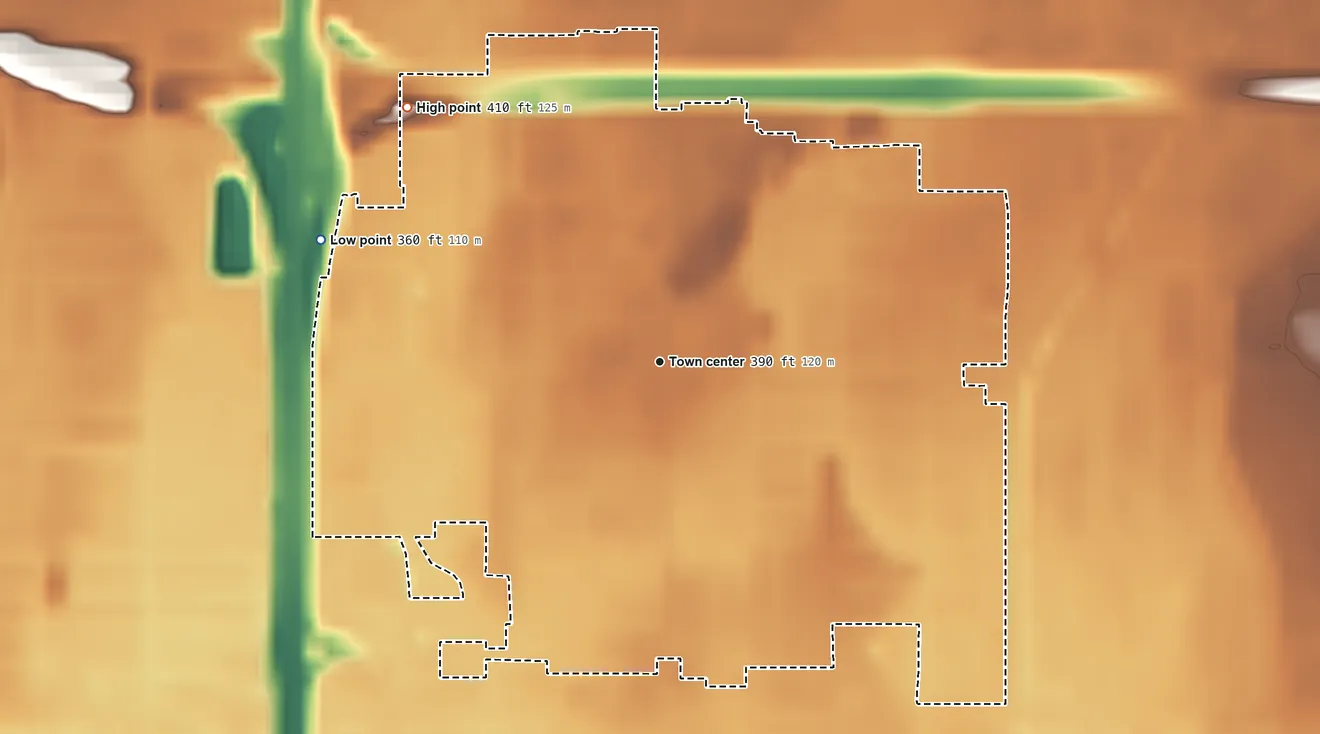 Topographic elevation map of Benton Park, California, shaded from 360 ft on the west side to 410 ft on the northwest side