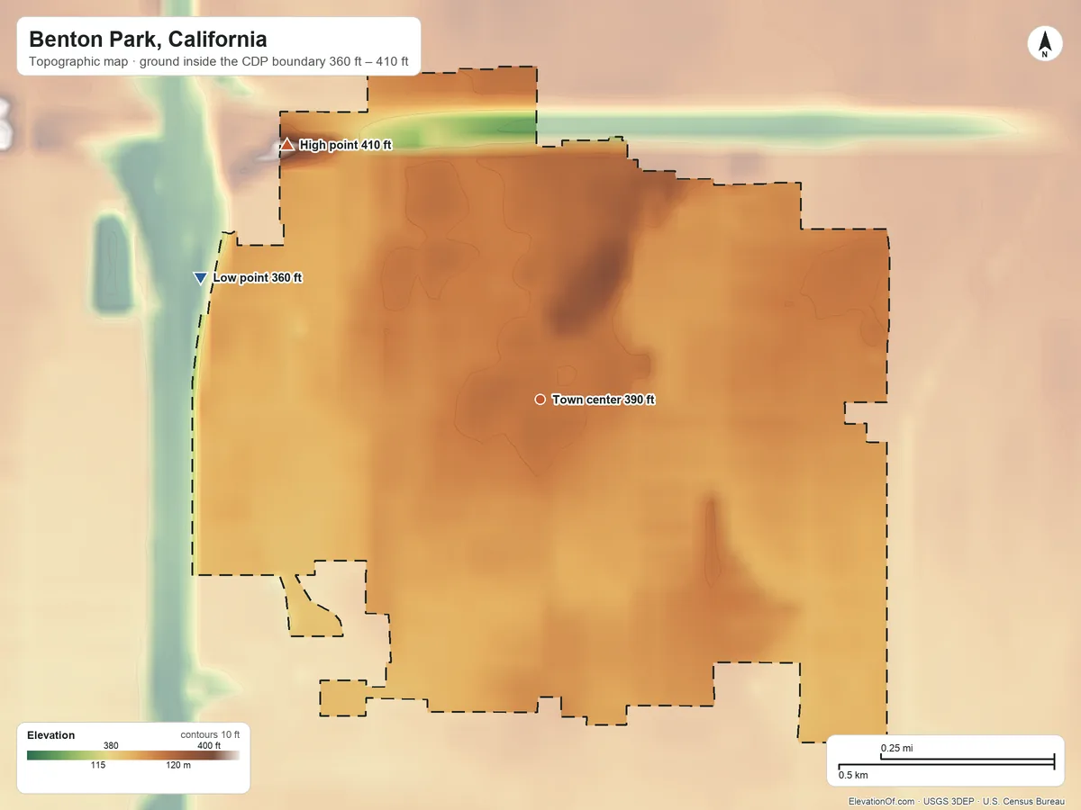 Topographic elevation map of Benton Park, California, shaded from 360 ft on the west side to 410 ft on the northwest side