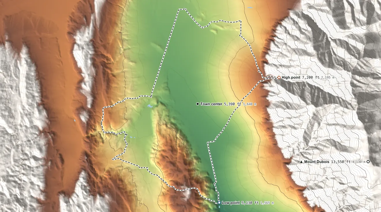 Topographic elevation map of Benton, California, shaded from 5,130 ft on the south side to 7,200 ft on the east edge, below higher ground just outside