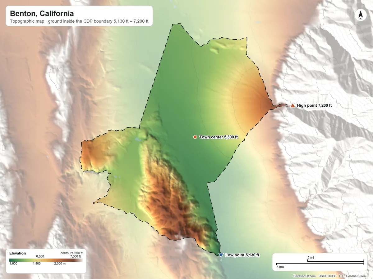 Topographic elevation map of Benton, California, shaded from 5,130 ft on the south side to 7,200 ft on the east edge, below higher ground just outside