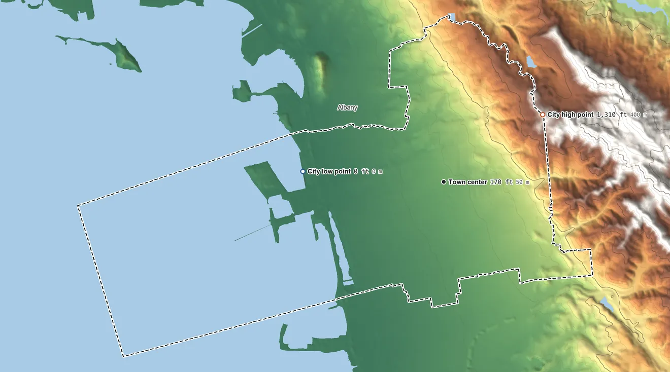 Topographic elevation map of Berkeley, California, shaded from sea level level on San Francisco Bay to 1,310 ft at the foot of the Berkeley Hills