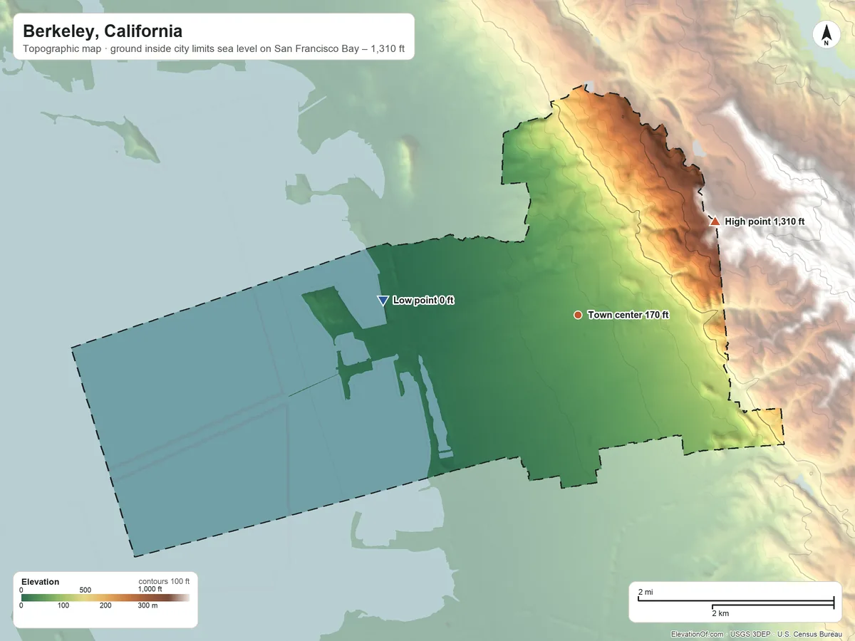Topographic elevation map of Berkeley, California, shaded from sea level level on San Francisco Bay to 1,310 ft at the foot of the Berkeley Hills