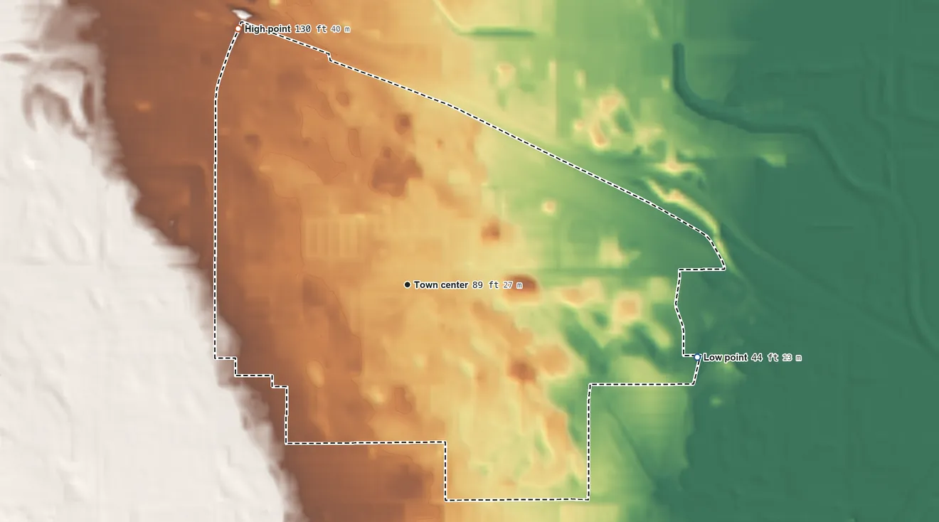 Topographic elevation map of Bermuda Dunes, California, shaded from 44 ft on the east side to 130 ft on the northwest side