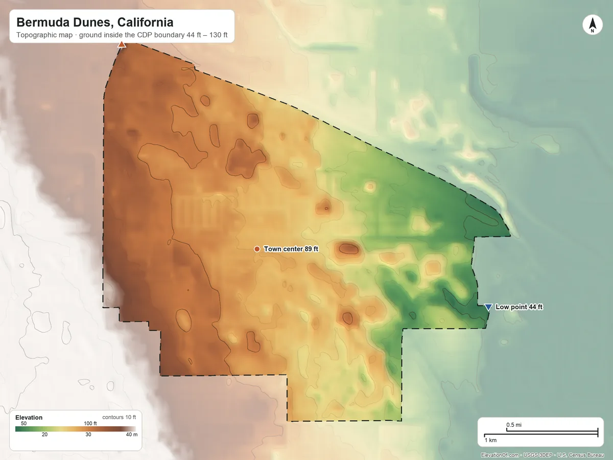 Topographic elevation map of Bermuda Dunes, California, shaded from 44 ft on the east side to 130 ft on the northwest side