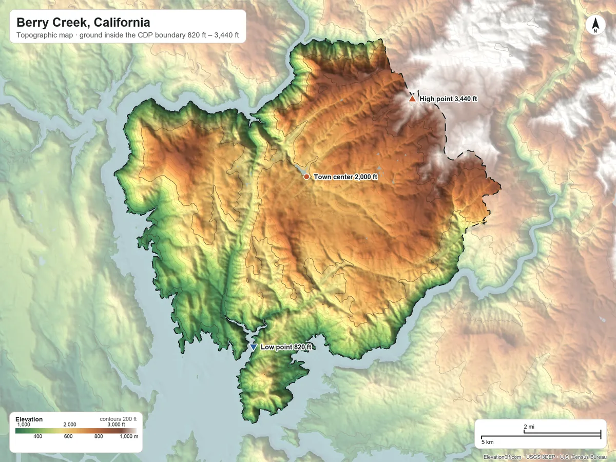 Topographic elevation map of Berry Creek, California, shaded from 820 ft on the south side to 3,440 ft on the northeast side