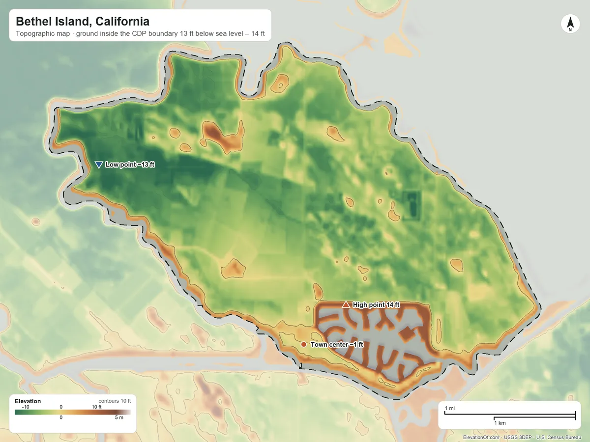 Topographic elevation map of Bethel Island, California, shaded from −13 ft on the northwest side to 14 ft near the middle