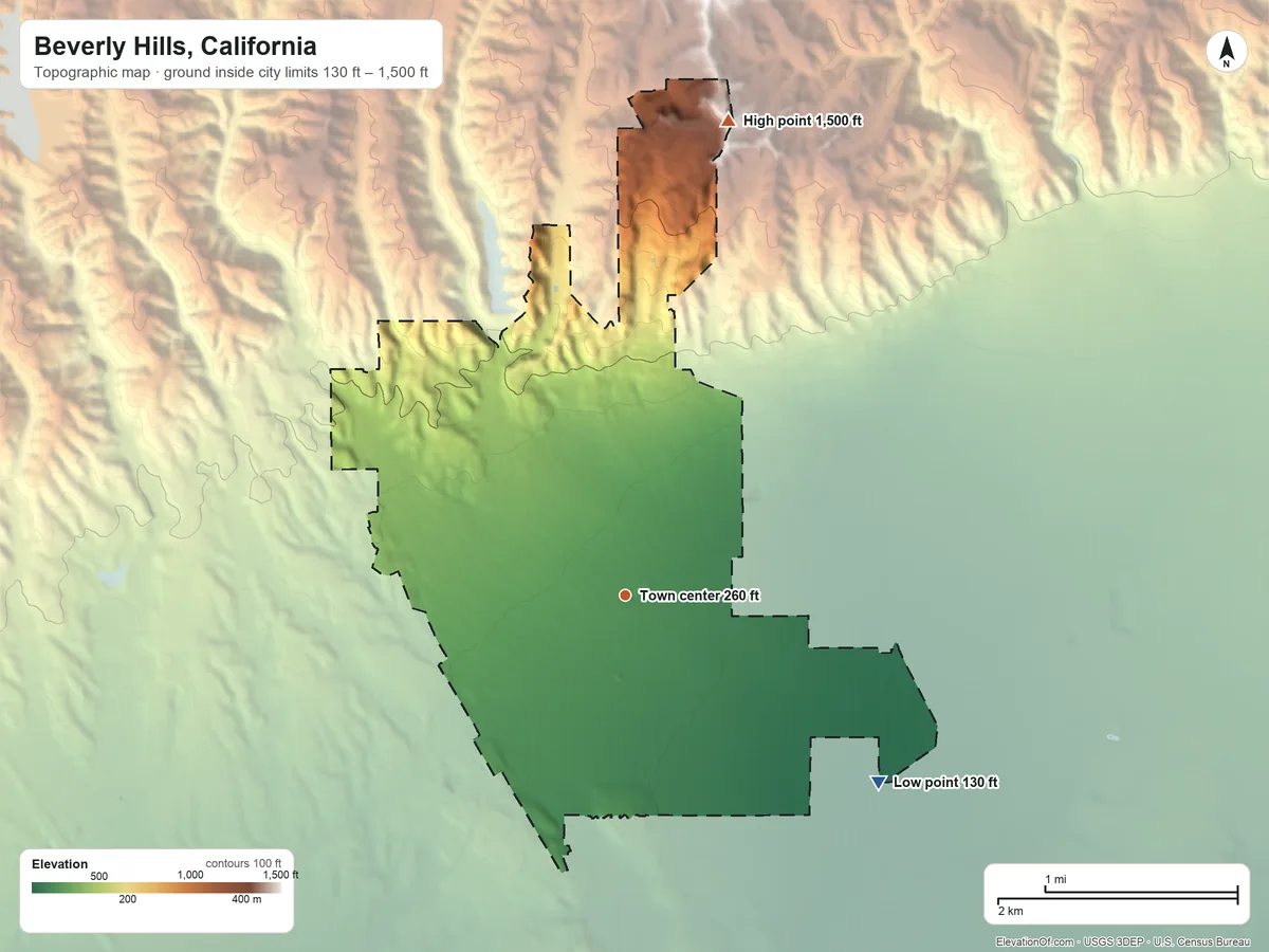 Topographic elevation map of Beverly Hills, California, shaded from 130 ft on the southeast side to 1,500 ft on the north side
