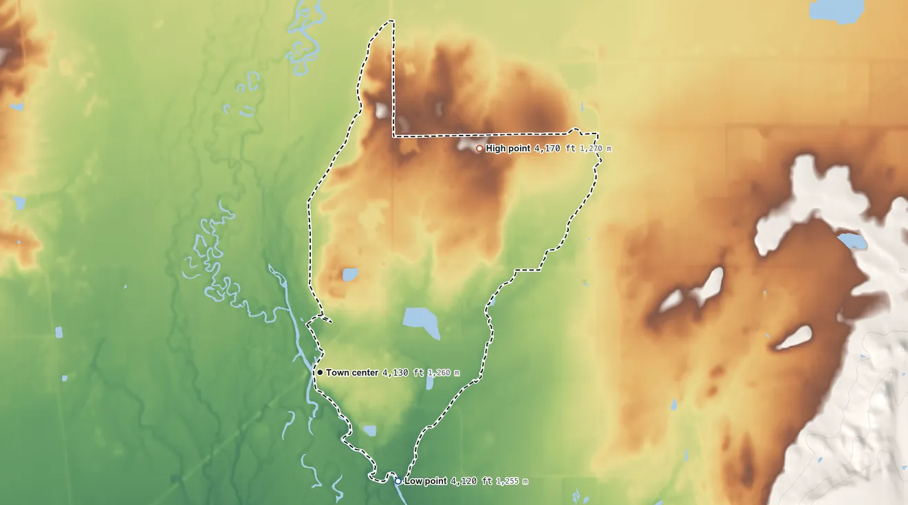 Topographic elevation map of Bieber, California, shaded from 4,120 ft on the southeast side to 4,170 ft on the northeast side