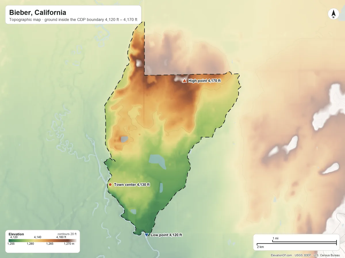 Topographic elevation map of Bieber, California, shaded from 4,120 ft on the southeast side to 4,170 ft on the northeast side