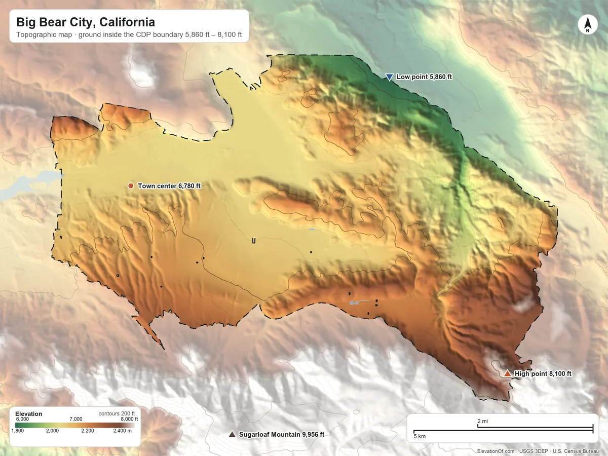 Topographic elevation map of Big Bear City, California, shaded from 5,860 ft on the northeast side to 8,100 ft at the foot of the Bighorn Mountains