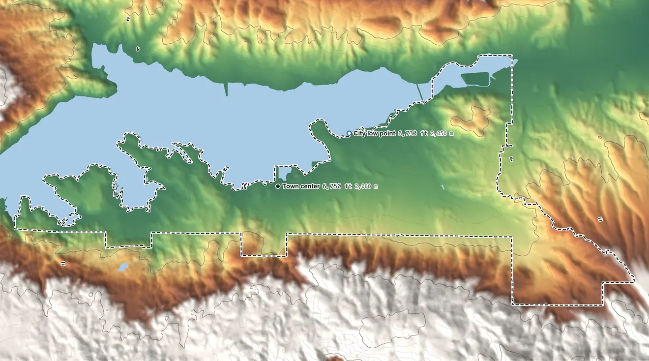 Topographic elevation map of Big Bear Lake, California, shaded from 6,730 ft on the northeast side to 7,450 ft at the foot of the San Bernardino Mountains