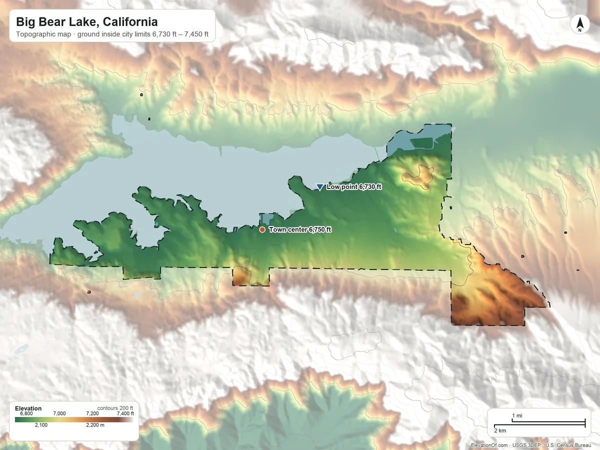 Topographic elevation map of Big Bear Lake, California, shaded from 6,730 ft on the northeast side to 7,450 ft at the foot of the San Bernardino Mountains