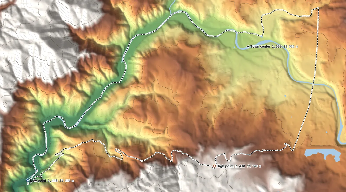 Topographic elevation map of Big Bend, California, shaded from 1,440 ft on the southwest side to 2,430 ft on the south edge, below higher ground just outside