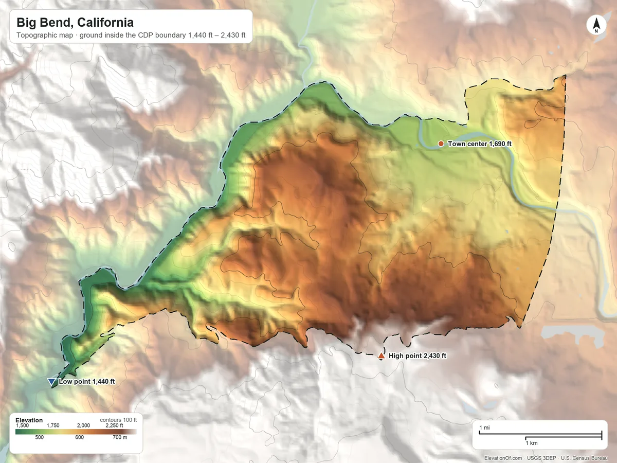 Topographic elevation map of Big Bend, California, shaded from 1,440 ft on the southwest side to 2,430 ft on the south edge, below higher ground just outside