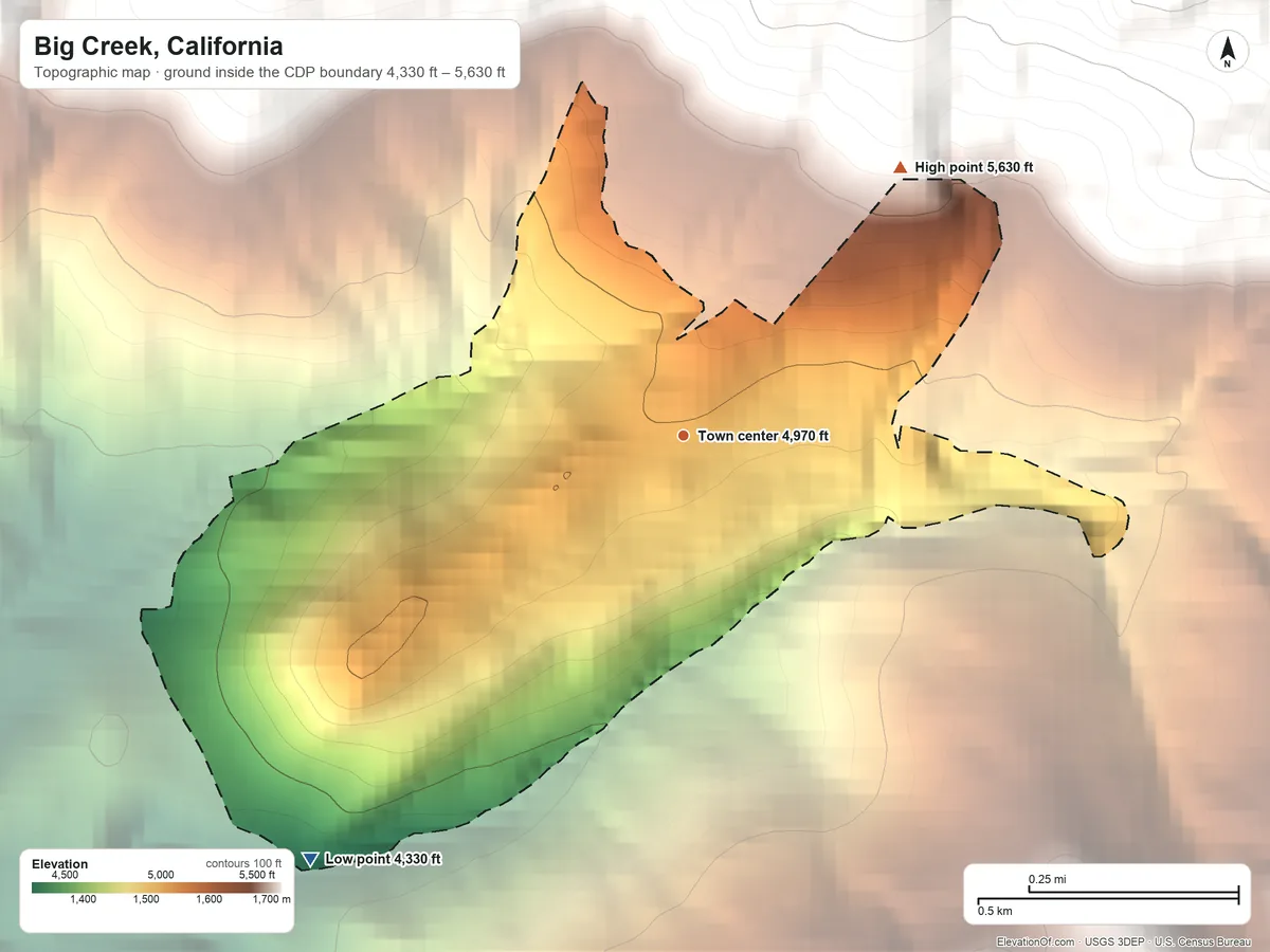 Topographic elevation map of Big Creek, California, shaded from 4,330 ft on the southwest side to 5,630 ft on the northeast edge, below higher ground just outside