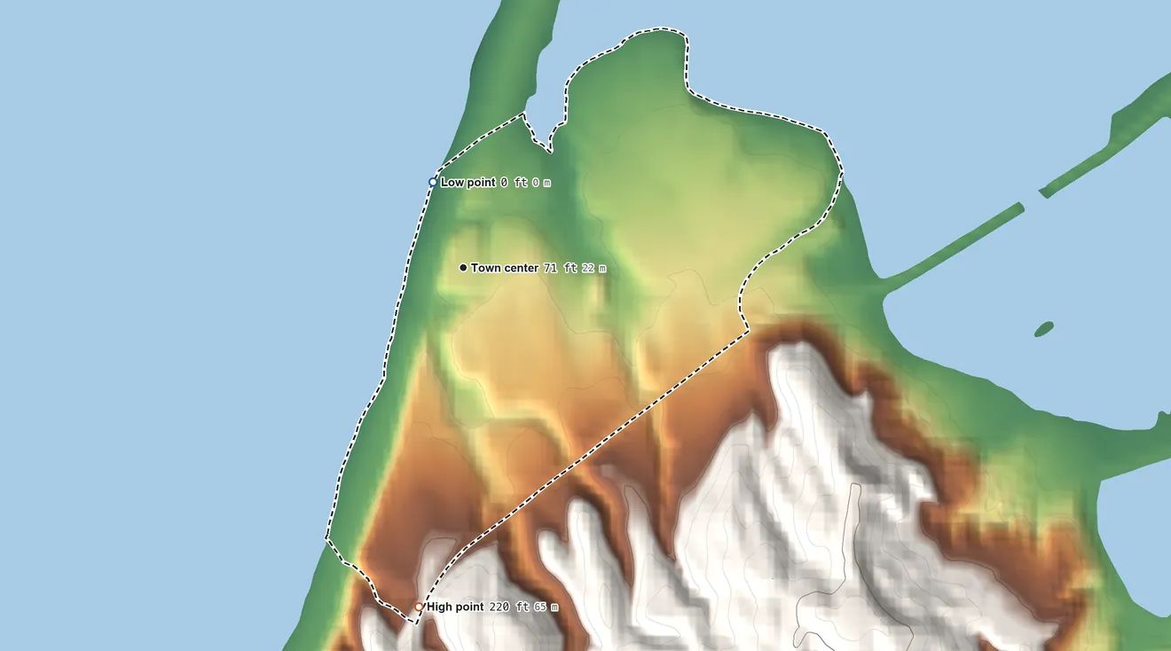 Topographic elevation map of Big Lagoon, California, shaded from sea level level on the Pacific Ocean to 220 ft at the foot of the Bald Hills